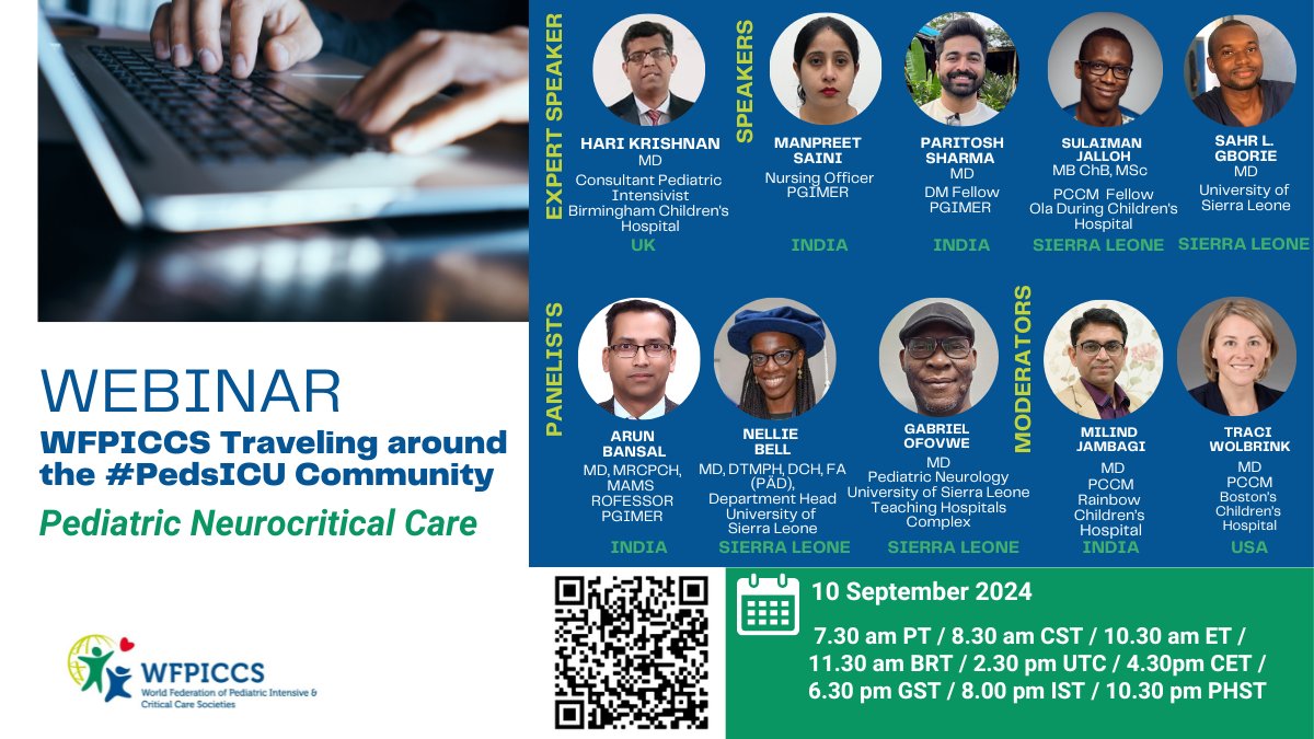 📢Have you registered? 

➡️#WFPICCS Traveling around the #PedsICU Community Webinar‼️

Moderated by <a href="/dr_milind29/">Milind Jambagi</a> &amp; <a href="/wolbrinkt/">Traci Wolbrink</a> w/ expert speaker <a href="/Dr_Hari_Krishna/">Hari Krishnan</a> &amp; trainees from #India &amp; #SierreLeone 
🎯Neurocritical care
🗓️Sep 10  
⏲️ 2.30 pm UTC 
✍️tinyurl.com/mstxyk32 or🤳🏻👇