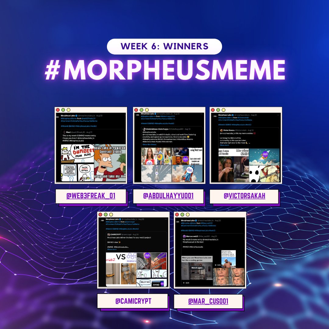 morpheuslabs_io's tweet photo. Congratulations to our #MorpheusMeme Week 6 winners:
@Mar_cus001
@Victorsakah
@camicrypt
@Abdulhayyu001
@web3freak_01
Our team will reach out to you soon.
For those who participated but werenโt selected, stay tuned for the Special Raffle Draw at the end of the week! ๐ฅ
๐๐ฐ๐ต๐ฆ: ๐๐ฐ๐ณ ๐๐ฆ๐ฆ๐ฌ 6, ๐ฆ๐ข๐ค๐ฉ ๐ธ๐ช๐ฏ๐ฏ๐ฆ๐ณ ๐ธ๐ข๐ด ๐ด๐ฆ๐ญ๐ฆ๐ค๐ต๐ฆ๐ฅ ๐ฃ๐ข๐ด๐ฆ๐ฅ ๐ฐ๐ฏ ๐ฐ๐ฏ๐ฆ ๐ท๐ฐ๐ต๐ฆ ๐ฑ๐ฆ๐ณ แญ ๐ฉ๐ข๐ฏ๐ฅ๐ญ๐ฆ.
#smartcontract #Workflow #meme #MemeContest #web3 #Blockchain $MIND #MorpheusLabs,