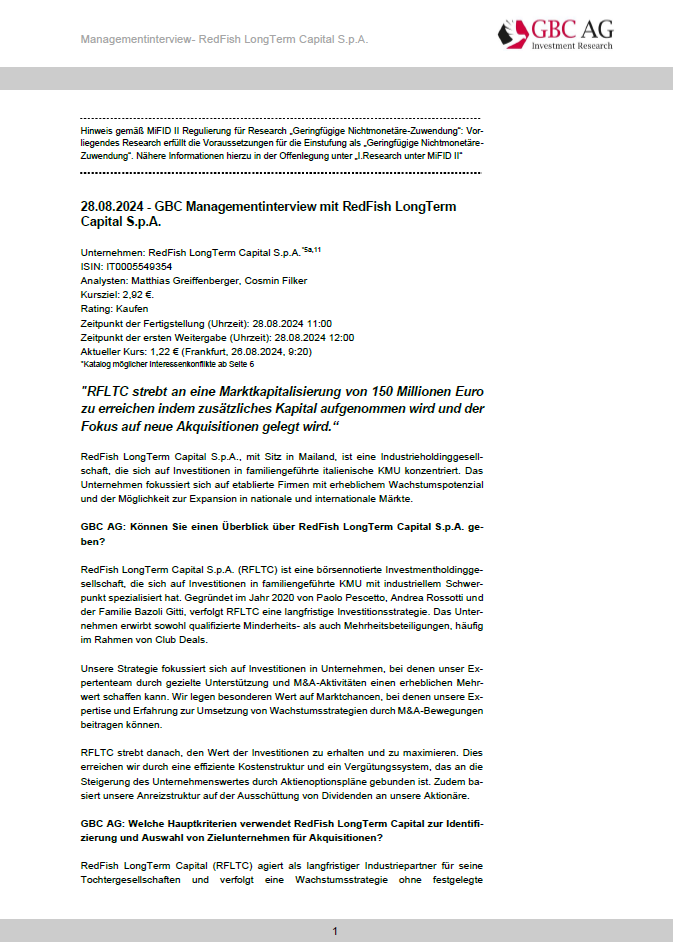 GBC_Research's tweet image. #RedFish LongTerm Capital S.p.A. (RFLTC SPA) #EquityResearch #Managementinterview "RFLTC strebt an eine Marktkapitalisierung von 150 Millionen Euro...“ #SmallCaps #Börse #Aktie #Research #Beteiligung t1p.de/j56yr