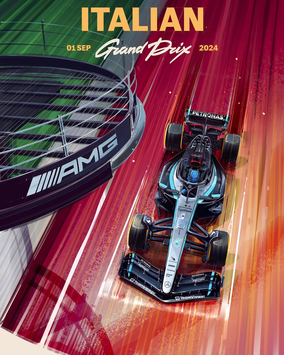 MercedesAMGF1's tweet photo. Ready for battle at the Temple of Speed 💚🤍❤️  

🎨 x @AndrewMytro https://t.co/2LCyUcdjsr