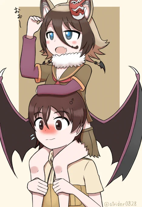 たまには飛ばずに隊長君の上から景色を見たいテングコウモリ#けものフレンズ 