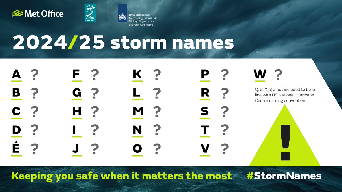 metoffice's tweet photo. 👀 Tomorrow’s the day!

The latest storm names for the 2024/25 season will be released tomorrow.

What names are you hoping to see on the list?

#StormNames https://t.co/hI9nfh44f3