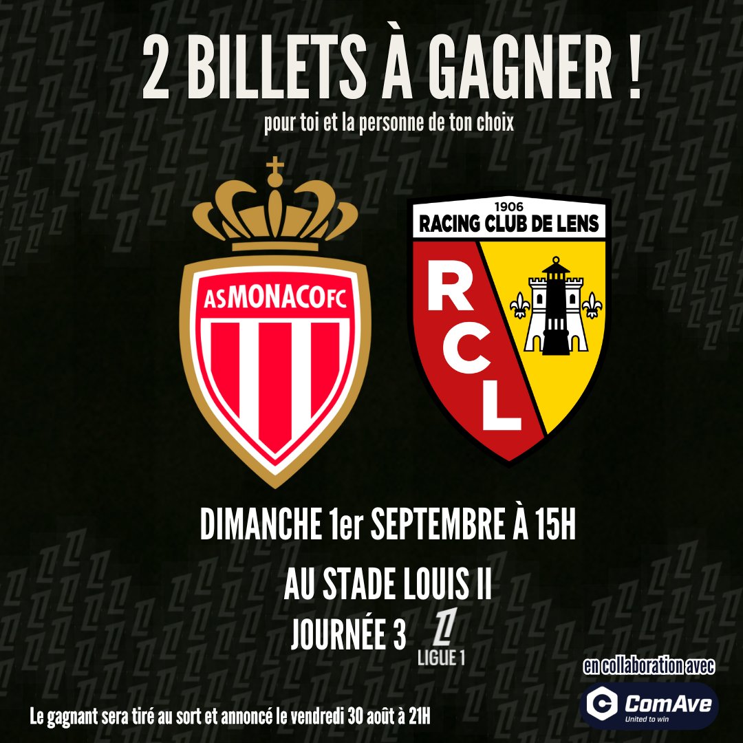 AleksLitzOff's tweet photo. 🎟️ GAGNE 2 PLACES POUR ALLER VOIR MONACO – LENS !

🤝 Avec @ComAve_Official , on te fait gagner 2 places pour aller voir un match qui promet !
2 équipes à 2 victoires sur 2 matchs… Delajod au sifflet.. CHOC en perspective ! 🔴⚪️

🌞 Le match c’est ce Dimanche 1er Septembre à 15H au Stade Louis II ( je te conseille de prévoir de la crème solaire ) !

Pour tenter ta chance, c'est simple :
- Follow @AleksLitzOff & @ComAve_Official
et 🔁 RT ce post !

👀 Et oublie pas de mentionner en-dessous la personne avec qui tu souhaites t'y rendre

⏰ Tu as jusqu'à ce vendredi 30 à 21H pour participer => date à laquelle on effectuera le TAS.

🍀 Bonne chance à toutes et tous !

#DagheMunegu #ASMRCL #UnitedToWin #ComAve