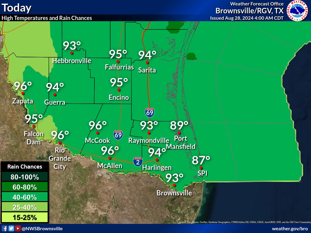 NWSBrownsville's tweet photo. High temperatures and rain chances for today. #txwx #rgv #spi https://t.co/XIRspSShEE