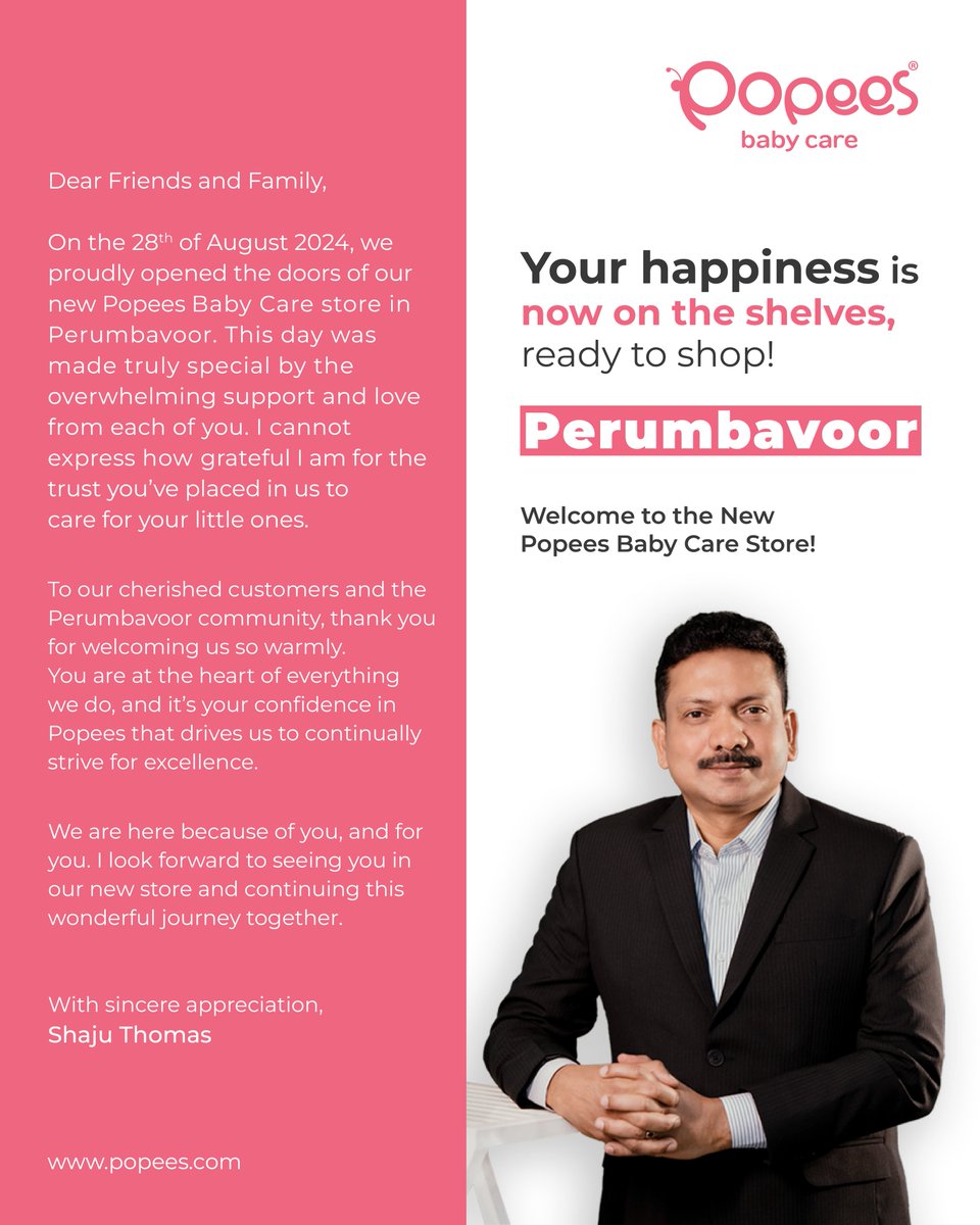 shajupopees's tweet photo. We are delighted to announce the opening of our newest Popees Baby Care store in Perumbavoor!

This exciting expansion brings our commitment to providing exceptional baby care products closer to you😍 

#popees #popeesbabycare #newstore #popeescare #perumbavoor https://t.co/jhGAC05vXa