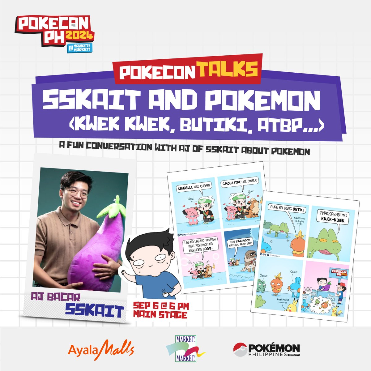 pokemonphgroup's tweet photo. Team Kwek Kwek vs Team Butiki? Join our fun conversation with SSKAIT aka AJ Bacar for PokeCon Talks.
AJ will be sharing his favorite things about Pokemon and his journey on establishing his comic brand, SSKAIT.
#PokeConTalks #PokeConPH2024 https://t.co/QtbtKY9zAK