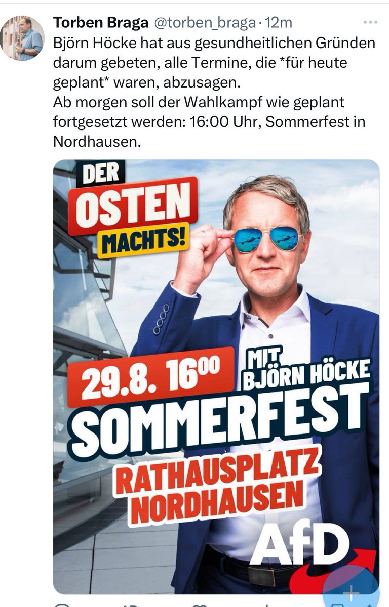 Ausgerechnet am Tag, an dem die letzte Fernsehdebatte in Thüringen stattfindet, ist Björn Höcke unpässlich. Ich schreibe deshalb „unpässlich“, weil er ja morgen schon wieder topfit sein will. stern.de/politik/deutsc…