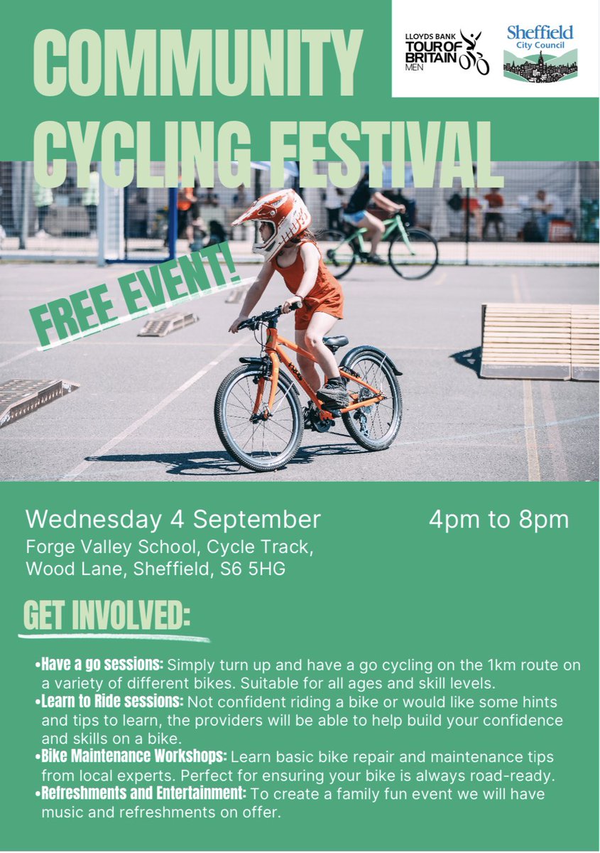 Celebrate the #TourOfBritain coming to Sheffield with an evening of cycling at Forge Valley School.

Activities will include BMX, learn to ride sessions for kids and a giant air bag to jump into! 

Come down and try the activities for free. 
U18s to be accompanied by an adult.