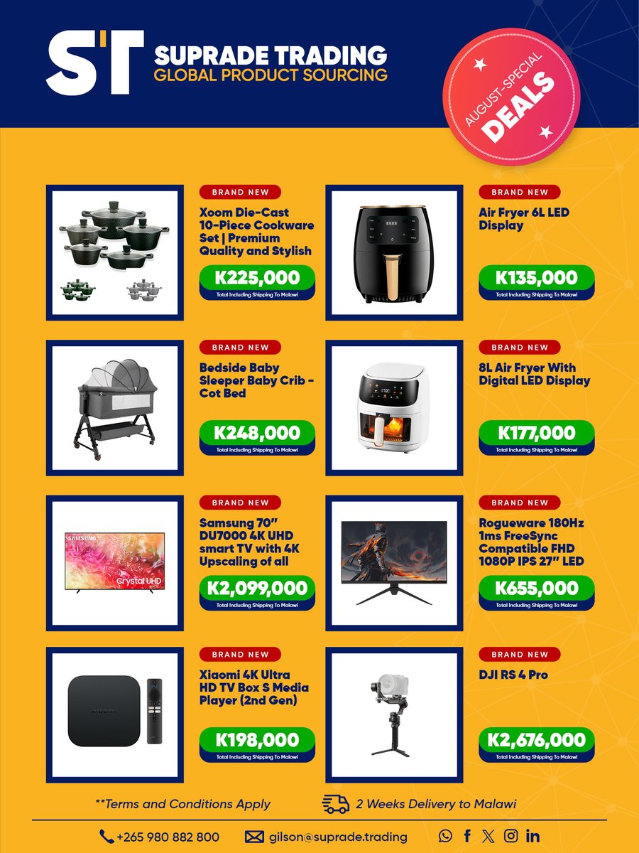 suprademw's tweet photo. Stay connected with Suprade's best deals on appliances, electronics, and baby essentials!

Join our WhatsApp group and be the first to know about our amazing offers and discounts throughout August.
https://t.co/7MZoeGQ9kL

#SupradeTrading #AboveAndBeyond https://t.co/ZEsZ7QL6VL