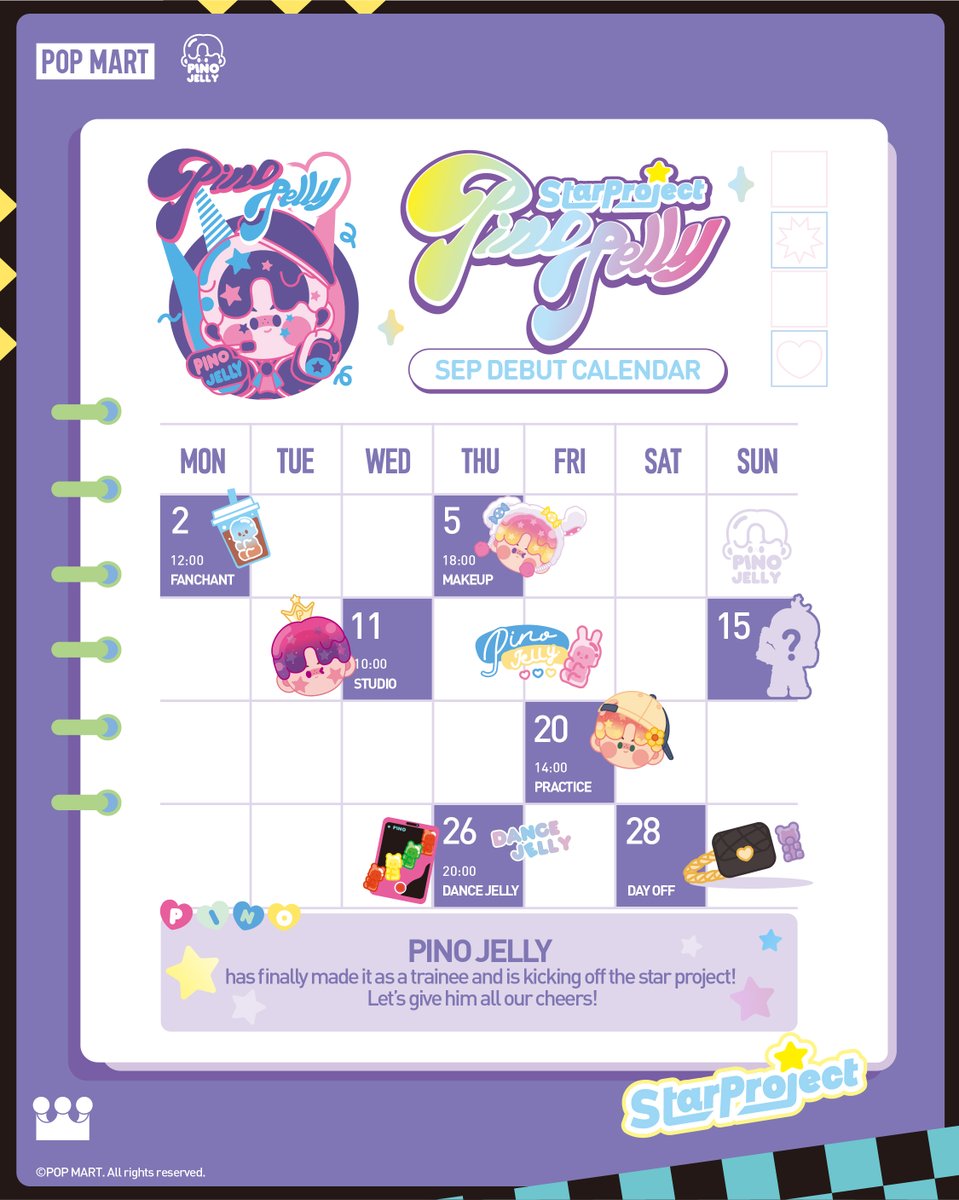POPMARTGlobal's tweet photo. Take a peek at PINO JELLY's star project calendar, and stay tuned for more exciting updates!🌟  

#POPMART #pinojelly #starproject #blindbox https://t.co/4CTGQ0ZsxH