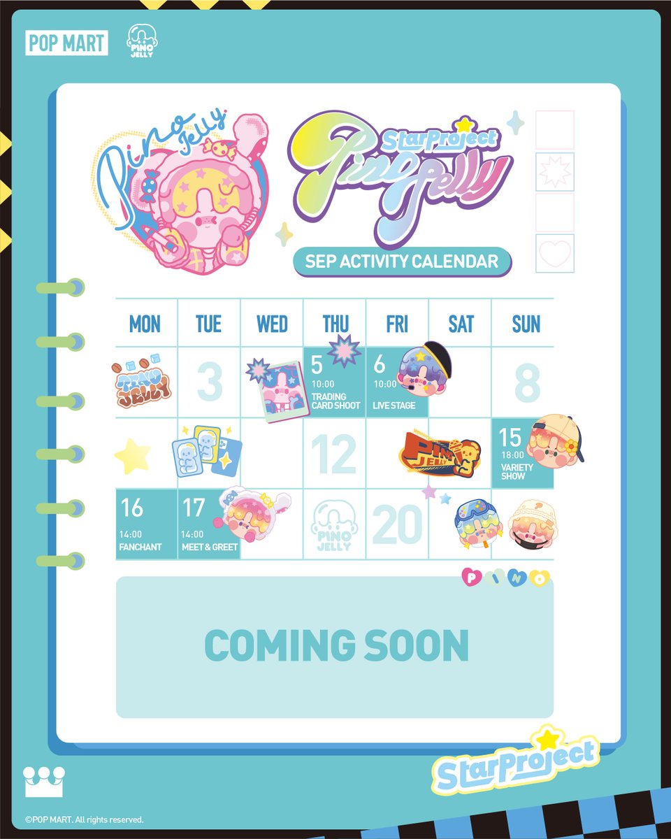 POPMARTGlobal's tweet photo. Take a peek at PINO JELLY's star project calendar, and stay tuned for more exciting updates!🌟  

#POPMART #pinojelly #starproject #blindbox https://t.co/4CTGQ0ZsxH
