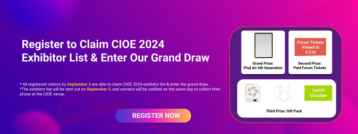 CIOE_Shenzhen's tweet image. 🧐Register to Claim CIOE 2024 Exhibitor List &amp;amp; Enter Our Grand Draw 
All registered visitors by September 3 can claim CIOE 2024 exhibitor list &amp;amp; enter the grand draw.
Register now:reg.cioe.cn/en/index.html?… 
#CIOE2024 #LuckyDraw