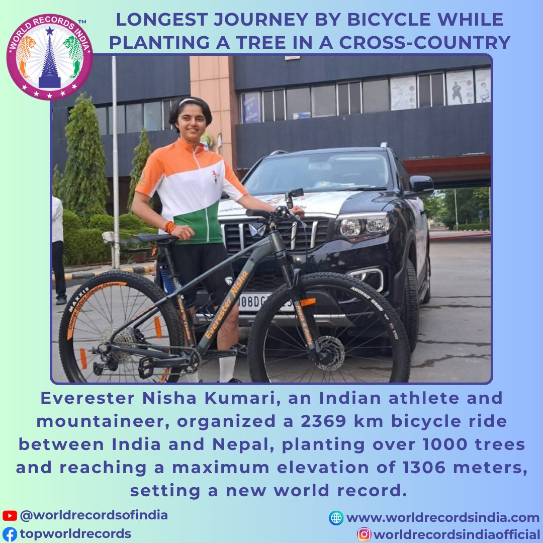 wri_in's tweet photo. Longest Journey By Bicycle While Planting a Tree in a Cross-country @wri_in World Records India @everesternisha #changebeforeclimatechange #treeplantation #cycling #cyclingexpedition #kathmandu #vadodara #gujarat #indiasworldrecords #WorldRecord #worldrecordsindia #everesternisha https://t.co/BjLSeYlMhO