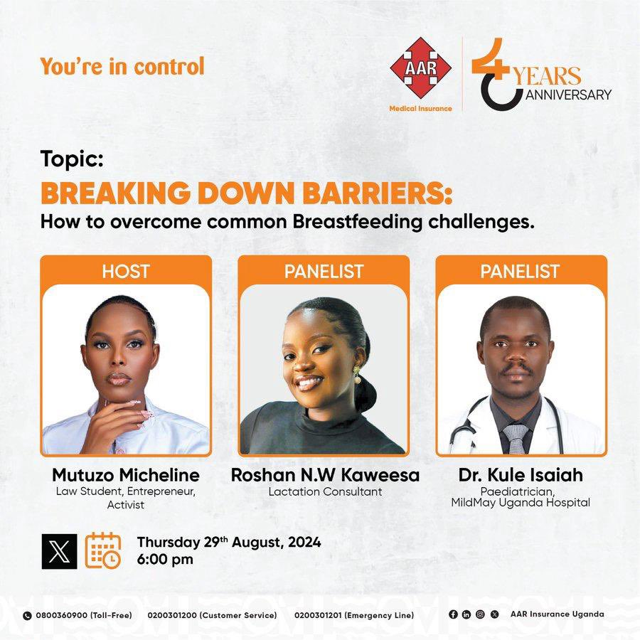 TheosBarham11's tweet photo. Join @AARInsuranceU space tomorrow Thursday, 29th August 2024, at 6:00 PM for a discussion on overcoming common breastfeeding challenges with expert panelists.
Set a reminder; https://t.co/oNqBTAGheQ
Dont miss
//#AarMedicalInsurance| @roshiizzy |@lkamulegeya |@EsaiasK51735 https://t.co/MyAjW6KHxg