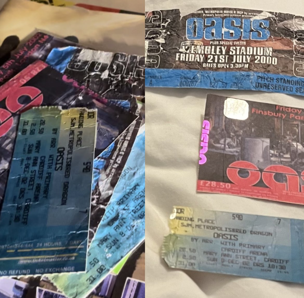 GregMackinder's tweet photo. Some of my old #Oasistickets and their cost:  
Knebworth 1996 £22.00
Old Wembley 2000= £27.50 
Finsbury Park 2002 = £28.50 
MK Bowl 2005 = £32.50 
New Wembley 2009 = £49.50.
On the above price increases it should work out at £87, I think it might be more…
#oasis #oasis2025 https://t.co/RXEySWI1B8