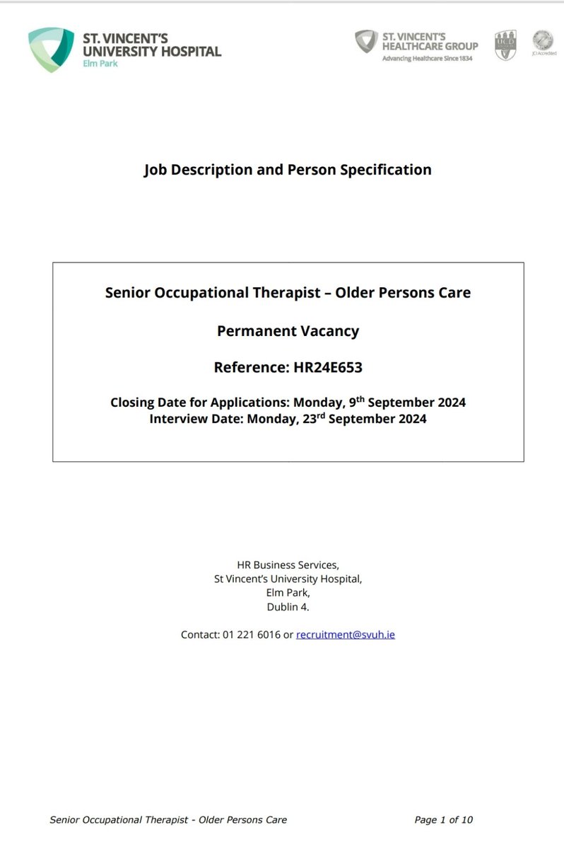 SVUH Occupational Therapy Dept (@ot_svuh) on Twitter photo 📢 JOB ALERT 📢
We're recruiting a Senior Occupational Therapist in Older Persons Care. Come work in our wonderful OT dept. You'll be working with some of Ireland's leading Geriatricians & an excellent MDT.
Apply below ⬇️
svhg.recruitment.zellis.com/wrl/pages/vaca…
<a href="/AOTInews/">Association of Occupational Therapists of Ireland</a> <a href="/HSCPsSVUH/">Health and Social Care Professions SVUH</a> <a href="/svuh/">St Vincent's University Hospital (SVUH)</a> 📢 JOB ALERT 📢
We're recruiting a Senior Occupational Therapist in Older Persons Care. Come work in our wonderful OT dept. You'll be working with some of Ireland's leading Geriatricians & an excellent MDT.
Apply below ⬇️
svhg.recruitment.zellis.com/wrl/pages/vaca…
<a href="/AOTInews/">Association of Occupational Therapists of Ireland</a> <a href="/HSCPsSVUH/">Health and Social Care Professions SVUH</a> <a href="/svuh/">St Vincent's University Hospital (SVUH)</a>
