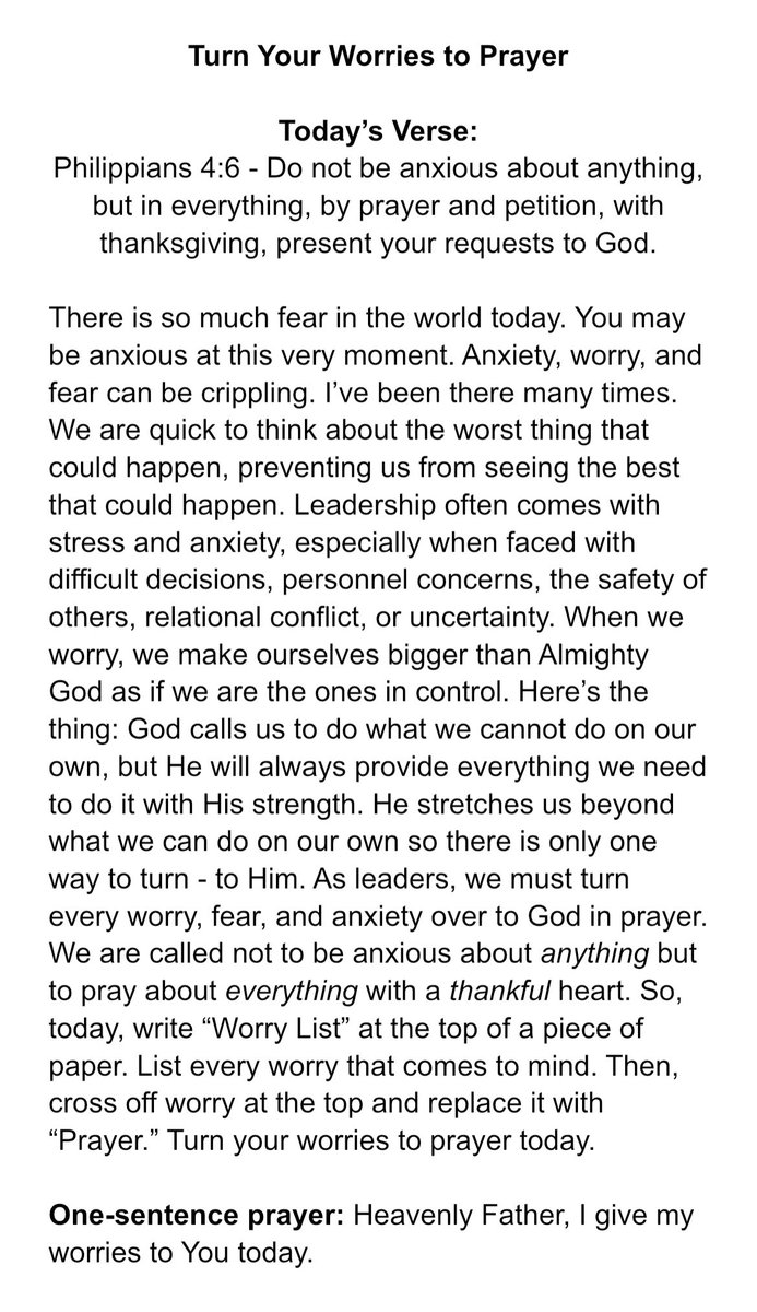 ZBauermaster's tweet photo. Do not be anxious about anything…

A morning devotion for leaders. https://t.co/CX8OUWpvOw