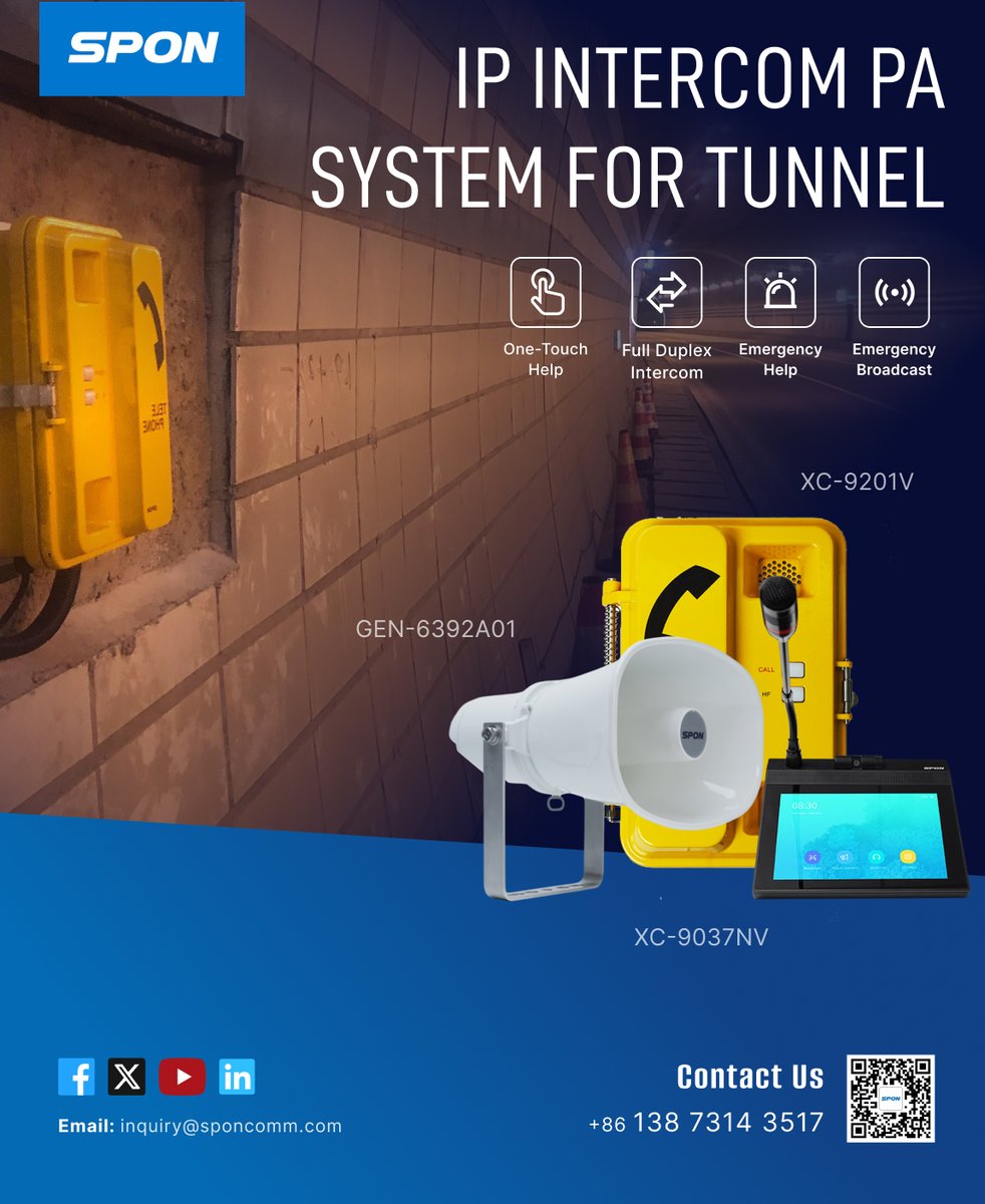🚨 Introducing hashtag#SPON IP Intercom PA System for Tunnels 🚨
🔊 Emergency Broadcast
🚨 Emergency Help
📞 One-Touch Help
🔄 Full Duplex Intercom
#TunnelSafety #EmergencyBroadcast #IPIntercom #EmergencyHelp #OneTouchHelp #FullDuplexIntercom
Learn more ：sponcomm.com/solution-detai…