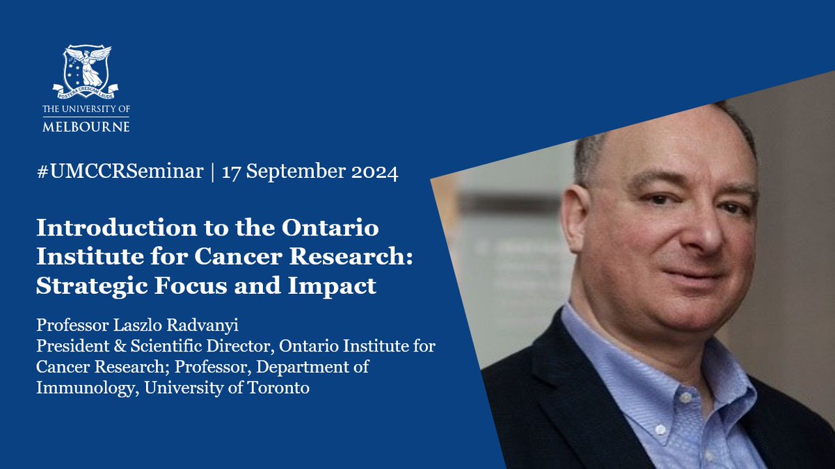 Collaborative Centre for Genomic Cancer Medicine (@gencancercentre) on Twitter photo Professor <a href="/RadvanyiLaszlo/">Laszlo Radvanyi</a>, director of the Ontario Institute for Cancer Research, will be introducing the work of <a href="/OICR_news/">Ontario Institute for Cancer Research (OICR)</a> in a special UMCCR seminar on Tuesday, 17 September.
πClick through to register to attend in-person or via Zoom: go.unimelb.edu.au/h9w8 Professor <a href="/RadvanyiLaszlo/">Laszlo Radvanyi</a>, director of the Ontario Institute for Cancer Research, will be introducing the work of <a href="/OICR_news/">Ontario Institute for Cancer Research (OICR)</a> in a special UMCCR seminar on Tuesday, 17 September.
πClick through to register to attend in-person or via Zoom: go.unimelb.edu.au/h9w8
