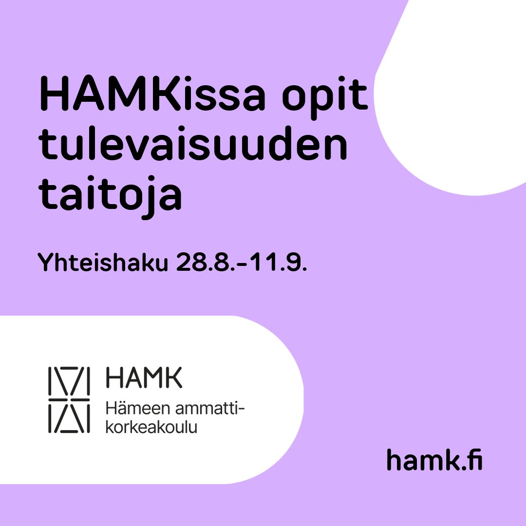 Tänään alkaa syksyn yhteishaku, joten nyt voit hakea meille opiskelemaan AMK-tutkintoihin, jotka alkavat tammikuussa 2025. 

Hakuaika 28.8.-11.9.2024.
hamk.fi/syksyn-yhteish…