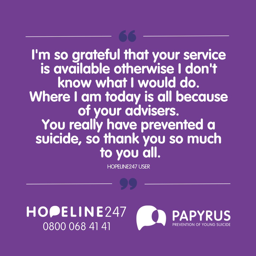 Struggling with thoughts of suicide?

HOPELINE247 offers confidential support, 24/7. Whether you need someone to talk to or guidance on how to help a friend, our advisers are here for you. Your wellbeing is important to us - don't hesitate to get in touch.💜
#SuicidePrevention