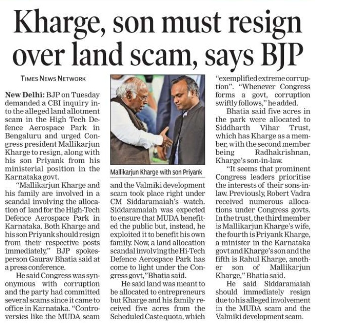 gauravbhatiabjp's tweet photo. Kharge, son must resign over land scam.
@timesofindia
#karnatakagovts
#ScamSarkar
#ScamsInKarnataka
#aerospaceSCAM
#LANDSCAM https://t.co/xDOGRppOxy