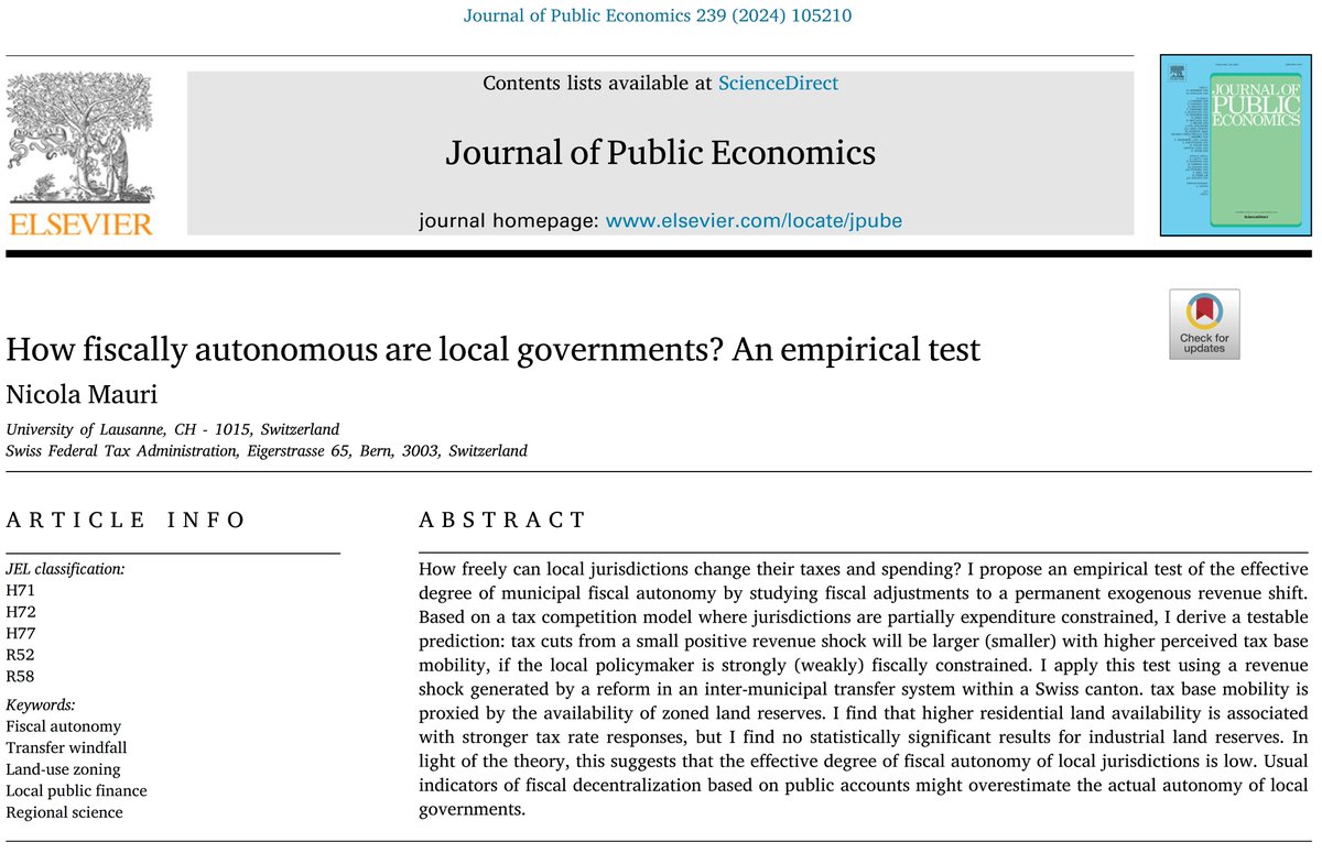 Marius Brülhart (@marius_brulhart) on Twitter photo Very proud of our recent PhD graduate Nicola Mauri <a href="/nm_zeno/">Nicola Mauri</a> publishing his single-authored paper straight at the <a href="/JPubEcon/">Journal of Public Economics</a>.🍾
Using theory and a clever empirical test, he finds that local governments have less fiscal autonomy than what the fiscal data could make you believe.
1/2 Very proud of our recent PhD graduate Nicola Mauri <a href="/nm_zeno/">Nicola Mauri</a> publishing his single-authored paper straight at the <a href="/JPubEcon/">Journal of Public Economics</a>.🍾
Using theory and a clever empirical test, he finds that local governments have less fiscal autonomy than what the fiscal data could make you believe.
1/2