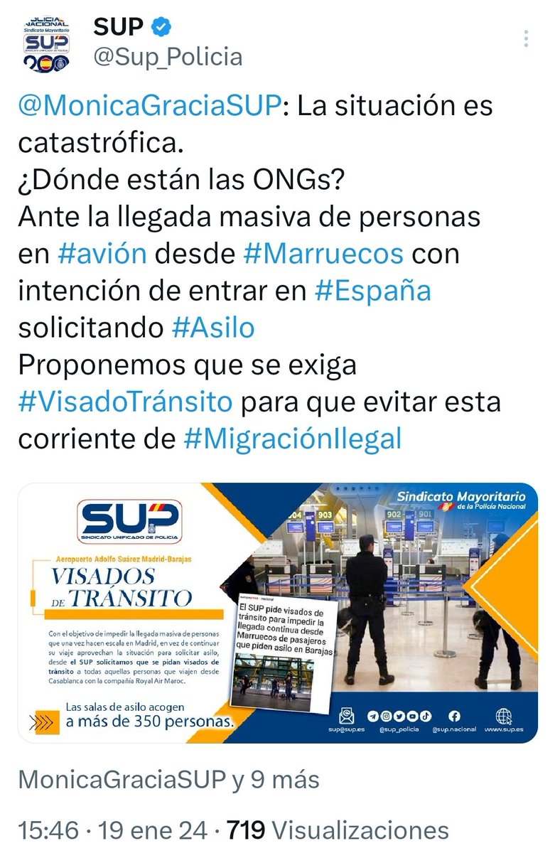 El <a href="/Sup_Policia/">SUP</a> solicitó el 19/1 exigir a #Mauritania #Visado en tránsito ya que aprovechaban su escala en España para solicitar #Asilo
Esta medida llega tarde y debe aplicarse a otros países como #Marruecos y evitar así que #Barajas sea un coladero
x.com/Sup_Policia/st…