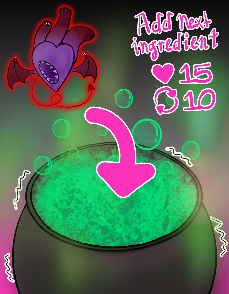 JesterWonderpop's tweet image. It's bubbling, it's glowing and... it's shaking? So far so good I think! Keep helping!
The third one ingredient is a squishy demon heart, let's add it next! It's nice and fresh I promise, just don't ask where I found it &amp;gt;~&amp;gt;
15 likes / 10 retweets to add the ingredient~