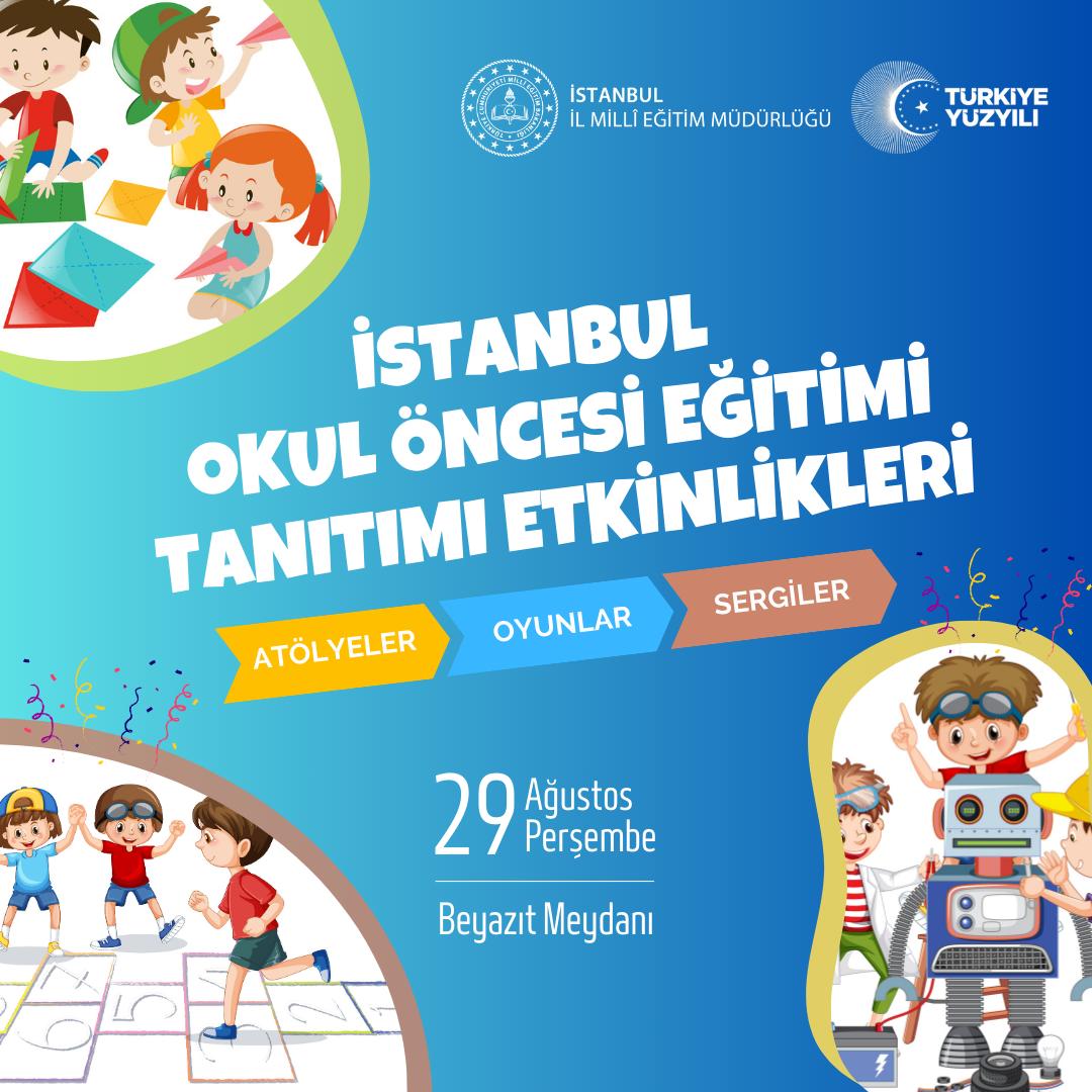 🪅Sevgili Çocuklar,

İl Millî Eğitim Müdürlüğümüzce düzenlenen "İstanbul Okul Öncesi Eğitimi Tanıtım Etkinlikleri"nde birbirinden eğlenceli ve öğretici atölyeler, oyunlar, sergiler yarın sizleri bekliyor. 🤗

📍Beyazıt Meydanı

<a href="/tcmeb/">Millî Eğitim Bakanlığı</a> <a href="/Yusuf__Tekin/">Yusuf Tekin</a>
<a href="/MucahitYentur/">Murat Mücahit Yentür</a>