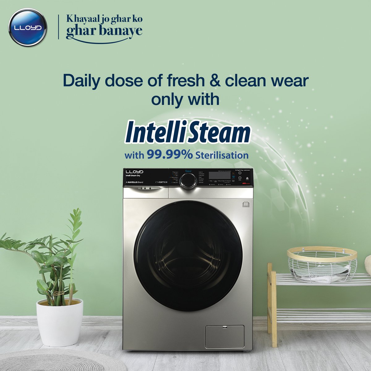 MyLloydIndia's tweet image. Dampness? Not on our watch with this wash!

#Lloyd #KhayalJoGharKoGharBanaye #LloydWashingMachine #IntelliSteam