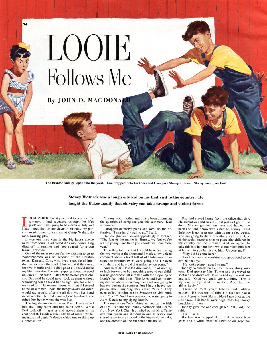 LRonLacy's tweet photo. John D. MacDonald (1916-1966), “Looie Follows Me”
‘Stoney Wotnack was a tough city kid on his first visit to the country. He taught the Baker family that chivalry can take strange and violent forms’
Collier’s, August 27, 1949
#JohnDMacDonald #illustrationartists #EdGordon https://t.co/vMj8tY5N57