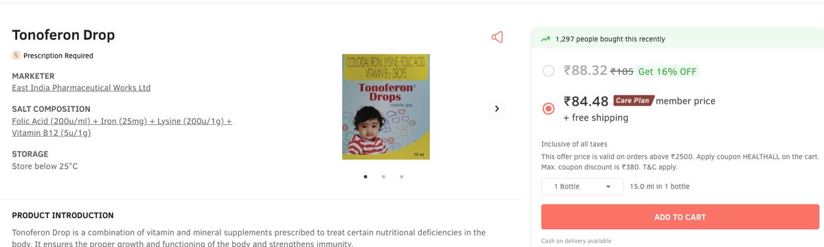 bengaluru_clean's tweet photo. @1mgOfficial @tandon_prashant @agarwal_gaurav Ok, thanks for the clarification. 

Follow-up question, I have added 2 qts and the final price is ₹184.2. How is it calculated even if I don't take any offer into account? Shouldn't it be 88.32x2? https://t.co/RDpo07mtbc