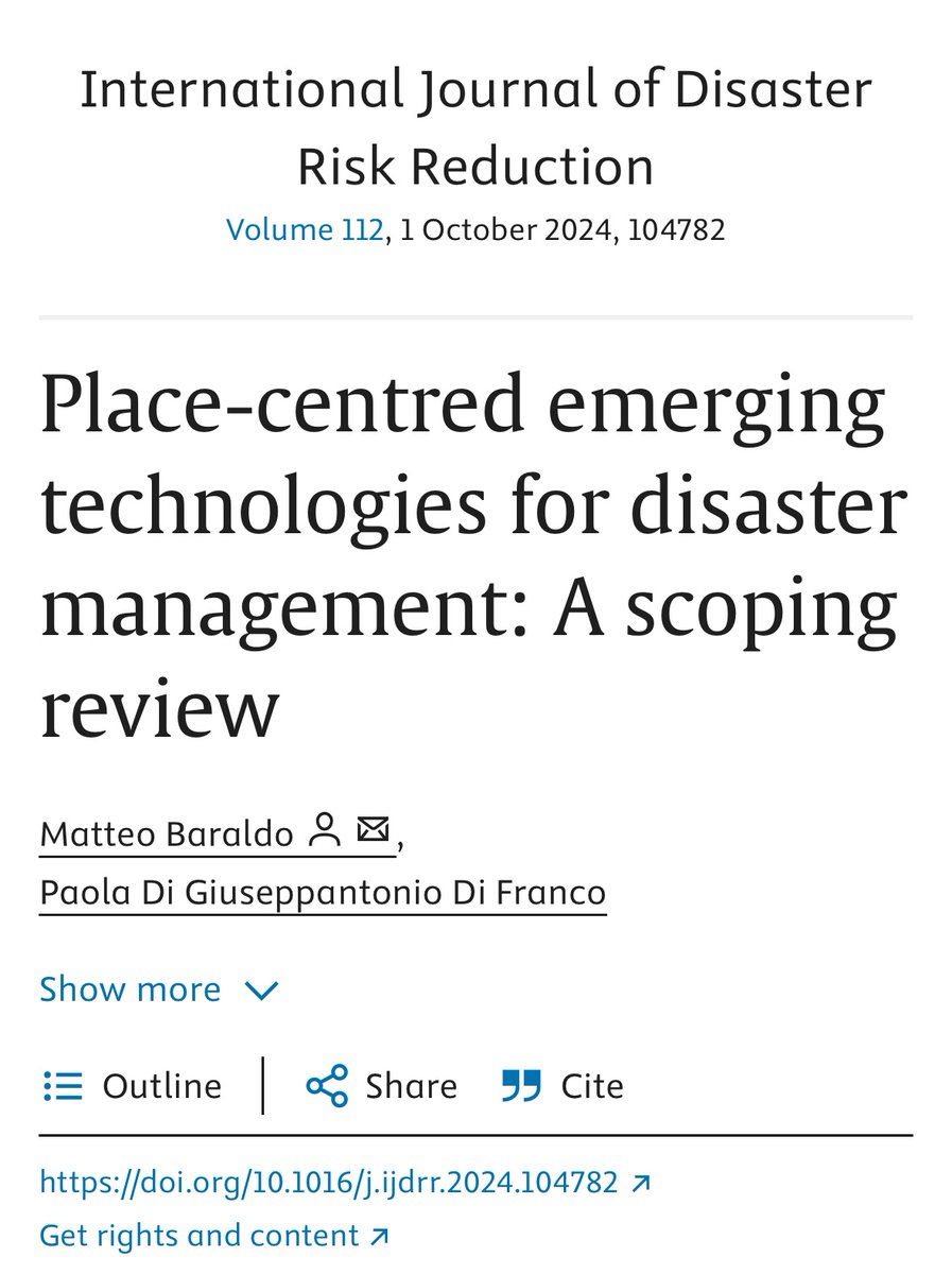 📣Publication announcement!
“Place-centred emerging technologies for disaster management: A scoping review.” by Matteo Baraldo and <a href="/PaolaDiFranco2/">Paola Di Giuseppantonio Di Franco</a> 

You can read it here:👇👇👇
sciencedirect.com/science/articl…