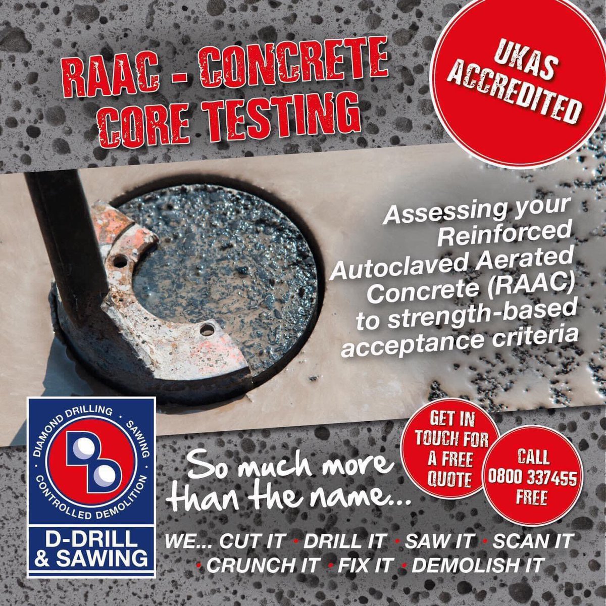 JulieDDrill's tweet photo. Are you concerned about #RAAC ? 

At D-Drill we can assess your RAAC to strength-based acceptance criteria, head to our website to learn more about our Core Testing service 

🔗 https://t.co/qbGzo1Jsnq

#RAAC #concrete #coretesting https://t.co/CBS6wmKnBt