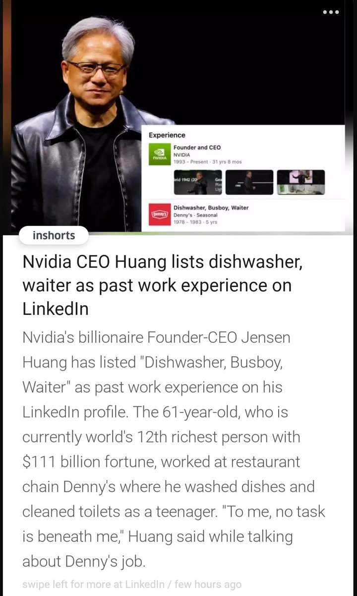 arjun6182's tweet photo. America is great because that's where no job is small. 

If $NVDA CEO can rise from a dishwasher, waiter to become the 12th richest person in the world, it's a lesson for all those toxic societies that endlessly create hostile environments for entrepreneurs, just because they started small.
