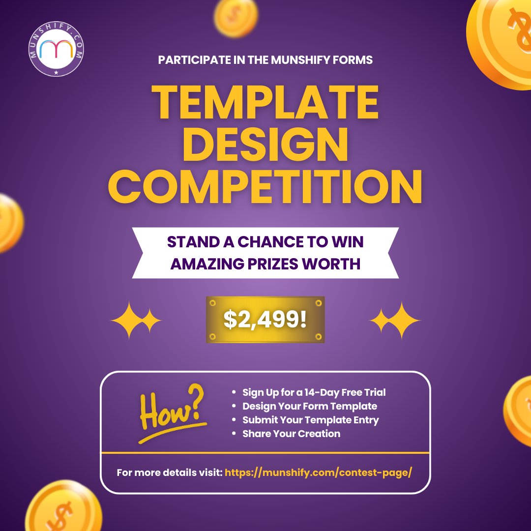MunshifyF's tweet image. 🚀 Showcase your creativity with Munshify's Form Template Designing Contest and stand a chance to win prizes worth $2499!
Last Day - 24th September, 2024
Start Design Today - munshify.com/contest-page/
#formsbuilder #onlineformbuilder #forms #formscreation #munshifyforms