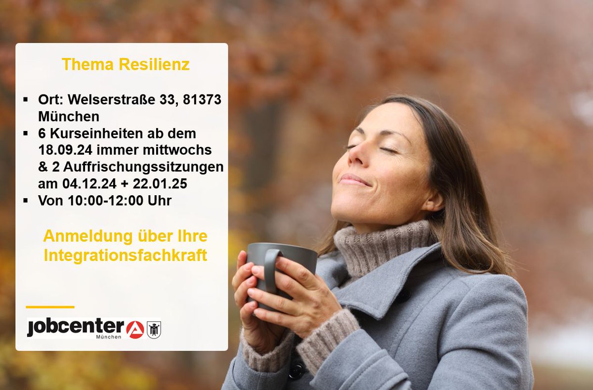 JobcenterM's tweet photo. „Das schaffe ich!“ – Ruhe &amp; Kraft durch Resilienztraining.
Lernen Sie kostenlos &amp; freiwillig Ihre Selbstsicherheit zu stärken und Motivation zu steigern.
Präventionskurs der GKV in Kooperation mit dem #Jobcenter #München.
Weitere Infos unter: https://t.co/rEmZXOd4fS https://t.co/N5CfaSB4rU
