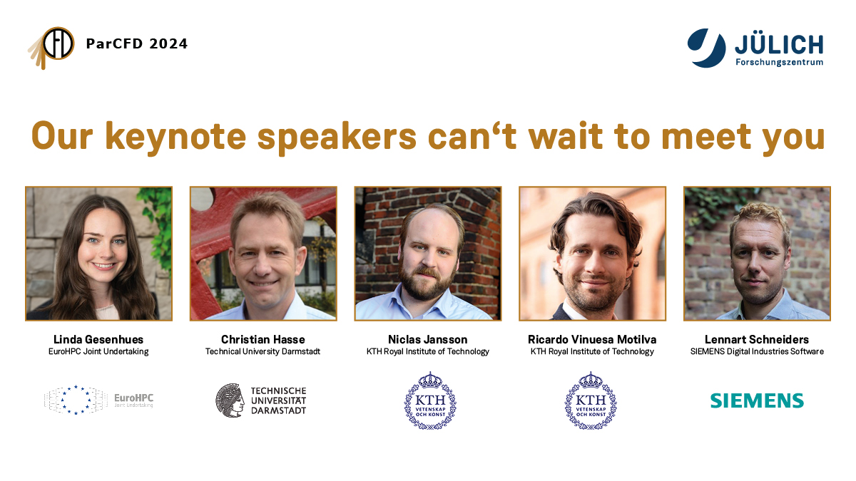 In a few days, ParCFD 2024 will start in Bonn 🇩🇪 and we are looking forward to the participants and our keynote speakers. 5️⃣experts from the field of computational fluid dynamics will enrich the already packed program &amp; share their experience.
➡️parcfd2024.org/en/programme/i…