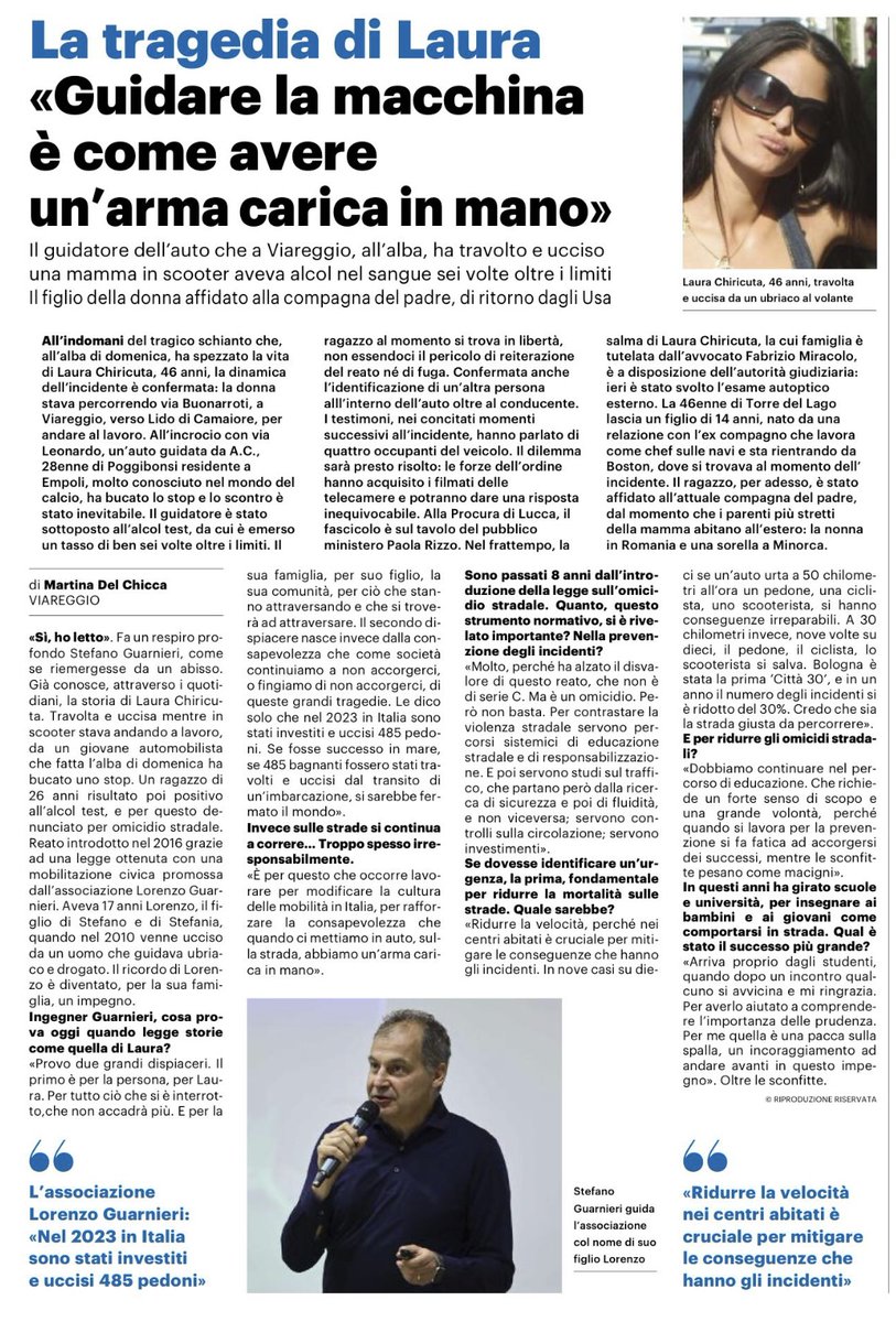 Purtroppo le tragedie sulla strada arrivano implacabili tutti giorni e hai la sensazione che l’impegno messo da tanti per evitarle sia inutile. Quando si lavora in prevenzione non ci accorgiamo degli eventuali successi, mentre le sconfitte pesano come macigni. <a href="/qn_lanazione/">La Nazione</a>