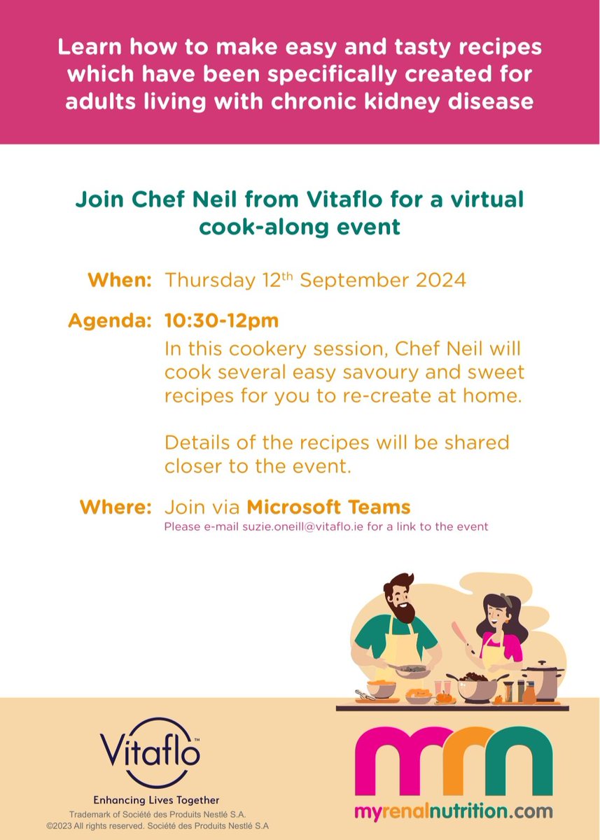 📢 A practical event to share with our renal patients which can be viewed at home. Looking forward to this online renal recipe cooking demo and cook-a-long! 👨‍🍳 See flyer for details of how to connect. Thanks to Suzie at <a href="/VitafloRDs/">Vitaflo Dietitians</a> for organising this. <a href="/IrishKidneyAs/">Irish Kidney Association</a> <a href="/trust_indi/">INDI</a>