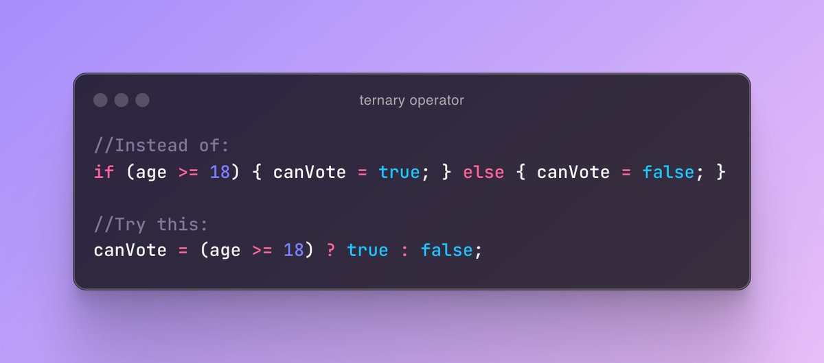 brooksy4503's tweet image. 🚀 JavaScript Tip: Shorten your conditionals with the ternary operator!
#JavaScript #WebDev #CodeSmarter