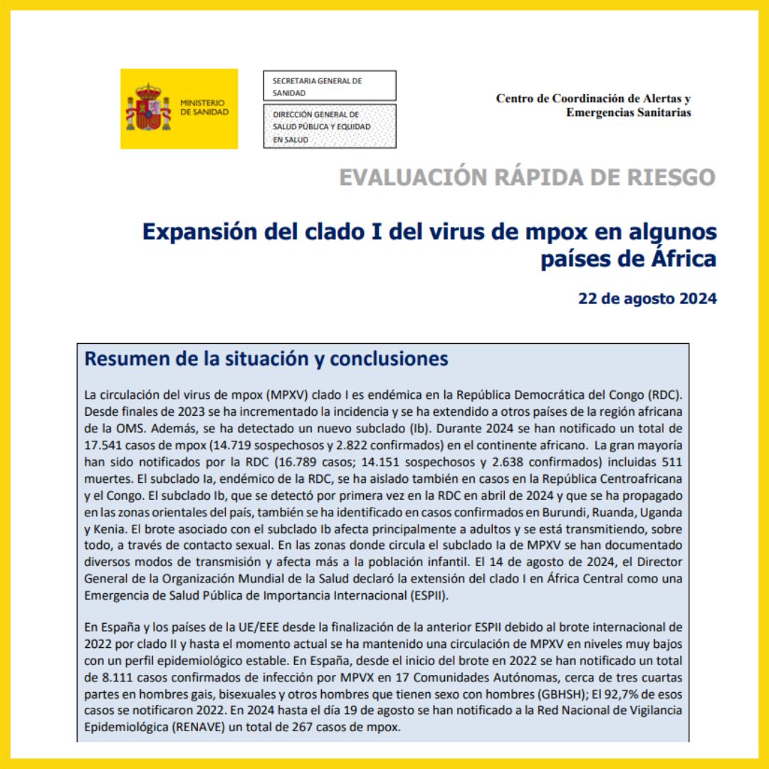 seipweb's tweet photo. 🆕EVALUACIÓN RÁPIDA DE RIESGO del #CCAES sobre la Expansión del clado I del virus de #Mpox en algunos países de África. 22 de agosto 2024.
https://t.co/7ii54iLPC2 https://t.co/yZL1Us3PPS