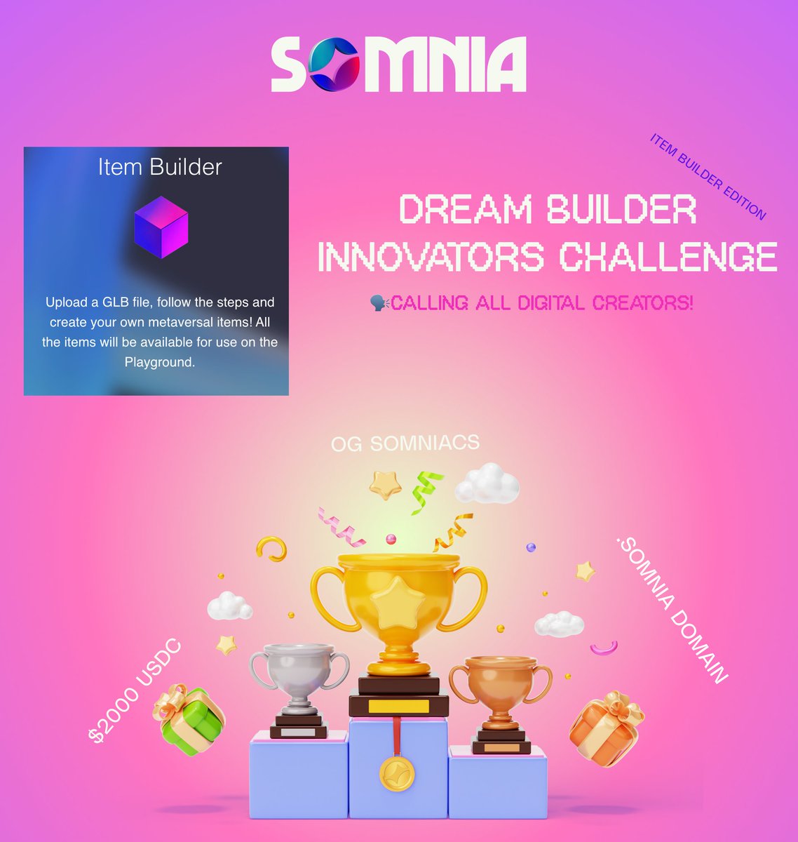 Somnia_Network's tweet photo. 🚀 Unleash your creativity in Somnia’s Dream Builder Innovators Challenge! 🎨 $2,000 and .Somnia domains are on the line. 

🔗 Join here: https://t.co/FCCTDAieTf

Create 3D items, win big, and showcase your skills in The Playground. Start building today! 🌟 https://t.co/9BHF0UQmSD