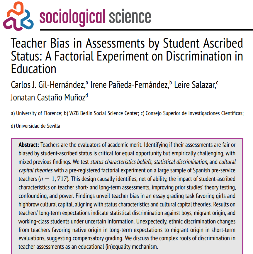 Carlos J. Gil (@karlosj89) on Twitter photo New paper in <a href="/SociologicalSci/">Sociological Science</a>! 🧑🏫We run a factorial experiment on a large sample of (future) teachers to causally test for discrimination/bias in academic evaluations by student-ascribed status (sex, class, ethnicity) and cultural capital, net of ability👇sociologicalscience.com/articles-v11-2… New paper in <a href="/SociologicalSci/">Sociological Science</a>! 🧑🏫We run a factorial experiment on a large sample of (future) teachers to causally test for discrimination/bias in academic evaluations by student-ascribed status (sex, class, ethnicity) and cultural capital, net of ability👇sociologicalscience.com/articles-v11-2…