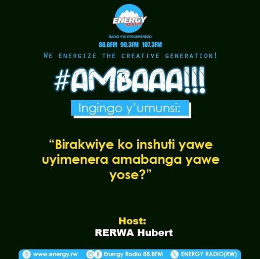 ENERGY888FM's tweet photo. Mwaramutse neza!!
Ikaze mu kiganiro #Ambaa.
Nshimiye Rerwa Hubert yageze muri Studio, muze tuganire. https://t.co/PCeNhY4i5h