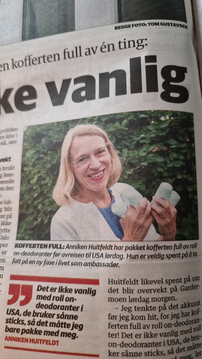 vegardwerner's tweet photo. Snart klar for ambassadørjobben i USA. Hva er da viktigere enn å fremme et slag for deodorant i lokalavisa?
#Svettelukt #koffertenfull #overvekt https://t.co/B3KA6AU5YT