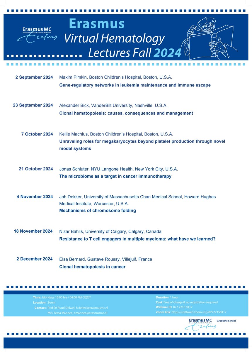 Ruud Delwel (@delwelruud) on Twitter photo Erasmus Virtual Hematology Lectures starts again on Monday September 2 at 16.00 CET!
We have MAXIM PIMKIN from Harvard/Boston with: "Gene-regulatory networks in leukemia maintenance and immune escape".
Link: us06web.zoom.us/j/82722159417
Spread the news!
<a href="/pimkin/">MaximPimkin</a> Erasmus Virtual Hematology Lectures starts again on Monday September 2 at 16.00 CET!
We have MAXIM PIMKIN from Harvard/Boston with: "Gene-regulatory networks in leukemia maintenance and immune escape".
Link: us06web.zoom.us/j/82722159417
Spread the news!
<a href="/pimkin/">MaximPimkin</a>