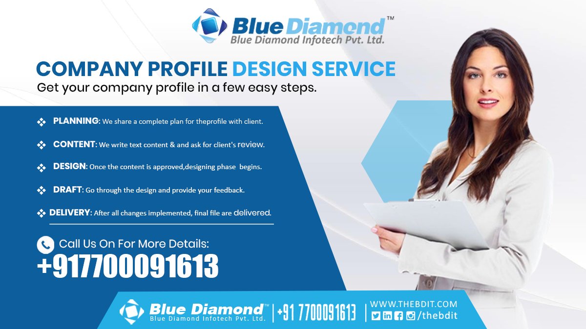 Company Profile Design Service 

#companyprofiledesign #graphicdesigner #creative 
#profile 

𝐑𝐞𝐚𝐜𝐡 𝐔𝐬 :
🌐 : thebdit.in
📧 : info@thebdit.com
☎️ : +917700091613
🗨 : +91 77189 67729 WhatsApp
🏢: 𝐁𝐥𝐮𝐞 𝐃𝐢𝐚𝐦𝐨𝐧𝐝 𝐈𝐧𝐟𝐨𝐭𝐞𝐜𝐡 𝐏𝐯𝐭. 𝐋𝐭𝐝.