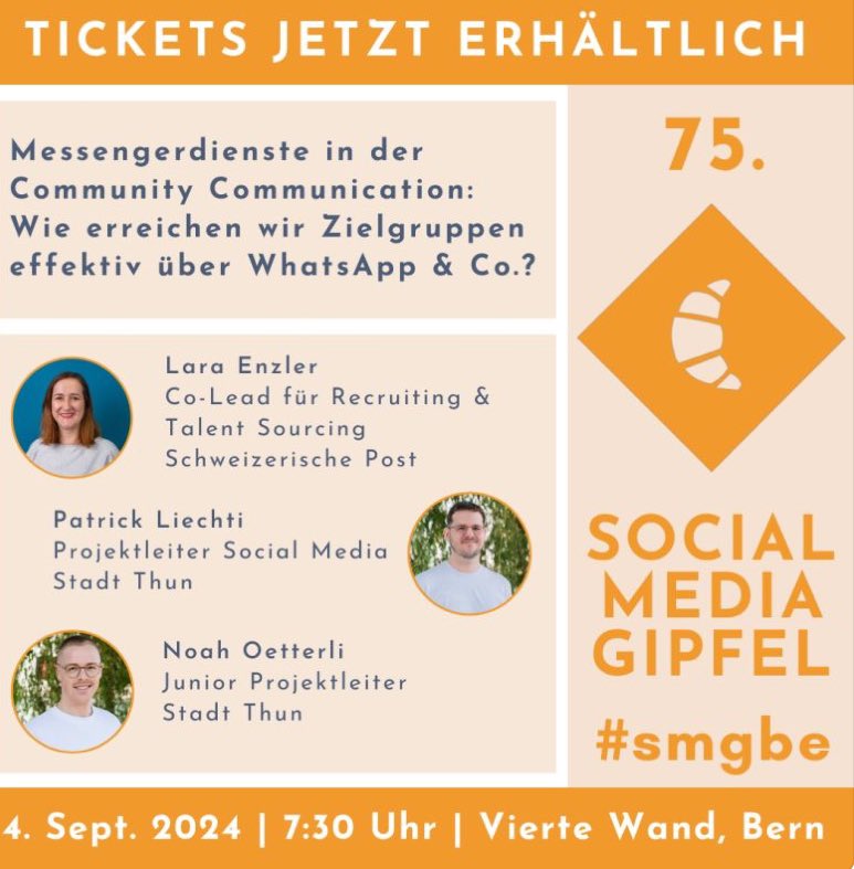Die #Community erreichen &amp; ins Gespräch kommen – am 75. Social Media Gipfel stehen WhatsApp &amp; Co. im Zentrum. 
Lara Enzler, Patrick Liechti und Noah Oetterli teilen ihre #Learnings und geben Einblick in ihre Community #Communication. #Tickets unter socialmediagipfel.ch #smgbe